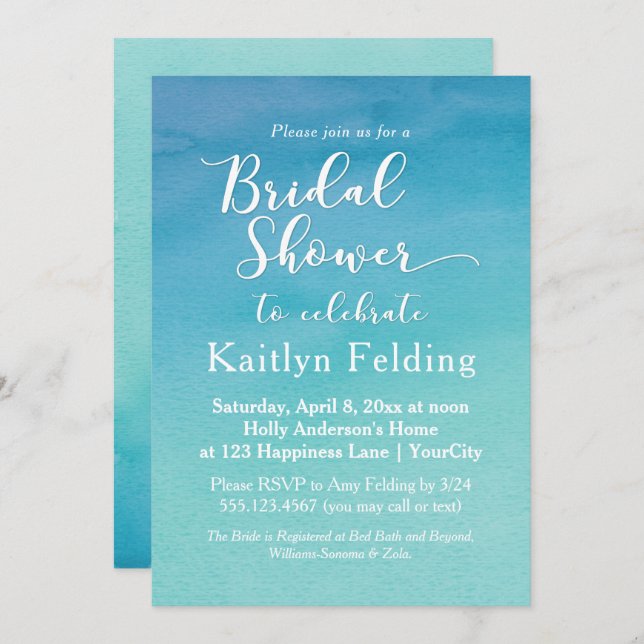 Blue & Teal Ombre Watercolor Bridal Shower Invitation (Front/Back)