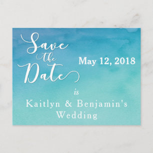 Blue & Teal Ombre Watercolor Save the Date 2 Announcement Postcard