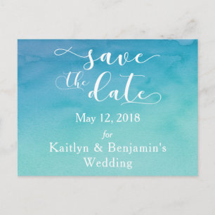 Blue & Teal Ombre Watercolor Save the Date 3 Announcement Postcard
