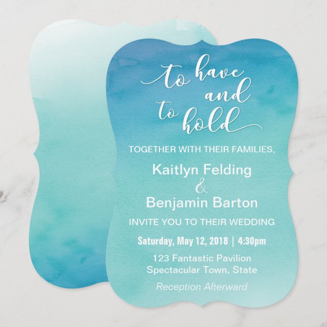 Blue & Teal Ombre Watercolor Wedding Invitation 2b (Front/Back)