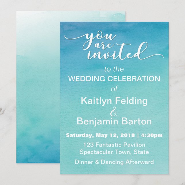 Blue & Teal Ombre Watercolor Wedding Invitation 3b (Front/Back)