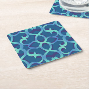 Blue Teal Openwork Lace Pattern Square Paper Coaster