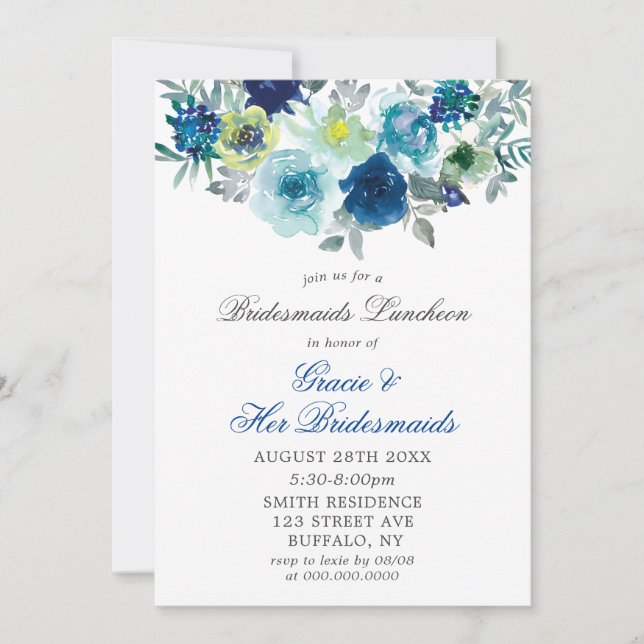 Blue Teal Paint Peony Bridesmaids Luncheon Invites (Front)