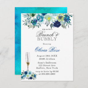 Blue Teal Peony Brunch & Bubbly Invitations