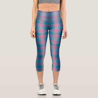 Blue Teal Pink Tartan Pattern Capri Leggings