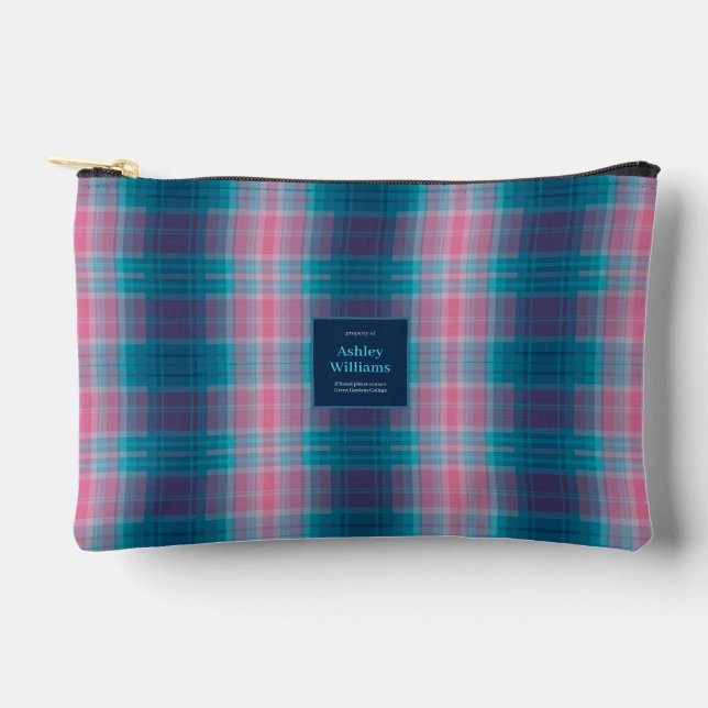 Blue Teal Pink Tartan Personalised Accessory Pouch (Front)