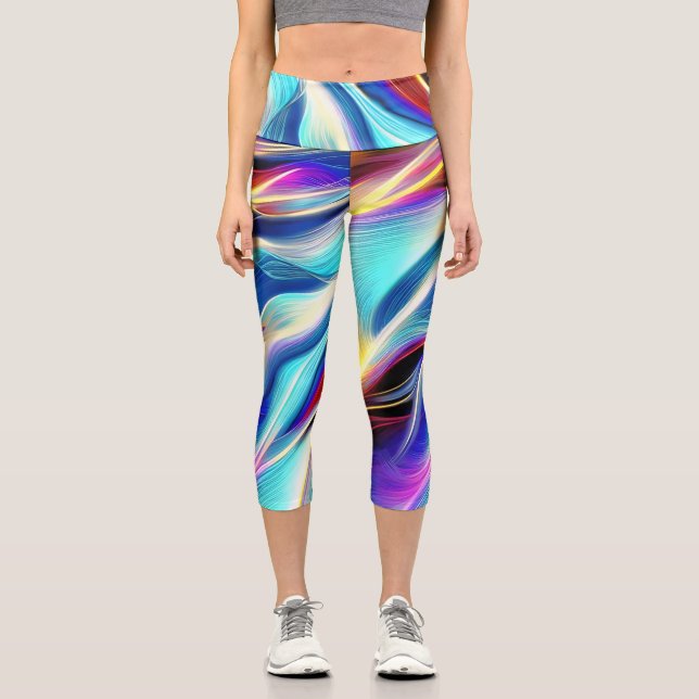 Blue Teal Pink Yellow White Wavy Abstraction Capri Leggings (Front)
