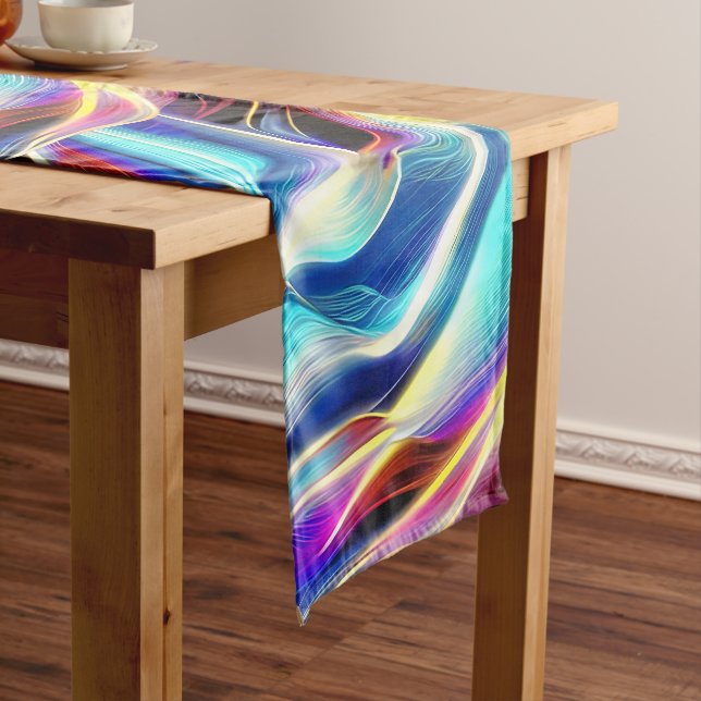 Blue Teal Pink Yellow White Wavy Abstraction Short Table Runner (In Situ)
