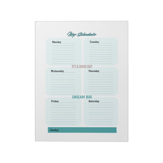 Blue Teal Planner Schedule Weekly  Notepad (Rotated)