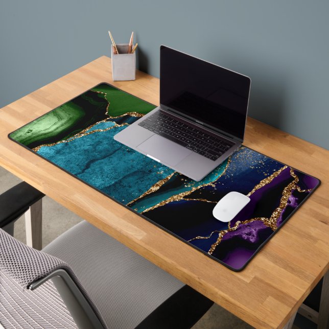 Blue/Teal/Purple Agate w/Gold Glitter Veins Desk Mat (Office 2)