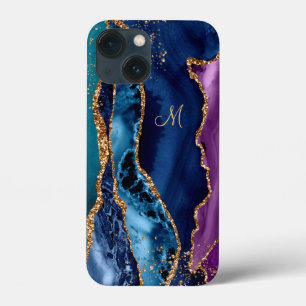 Blue/Teal/Purple Agate w/Gold Veins Monogram iPhone 13 Mini Case