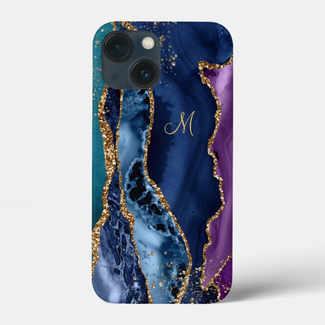 Blue/Teal/Purple Agate w/Gold Veins Monogram Case-Mate iPhone Case (Back)