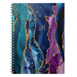 Blue/Teal/Purple Agate w/Gold Veins Monogram Notebook