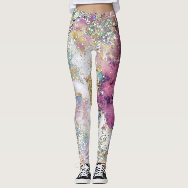 Blue Teal Purple Gold Galaxy Star Glitter Elegant Leggings (Front)