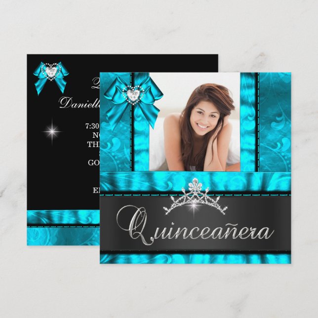Blue Teal Quinceanera 15th Birthday Party Photo Invitation (Front/Back)
