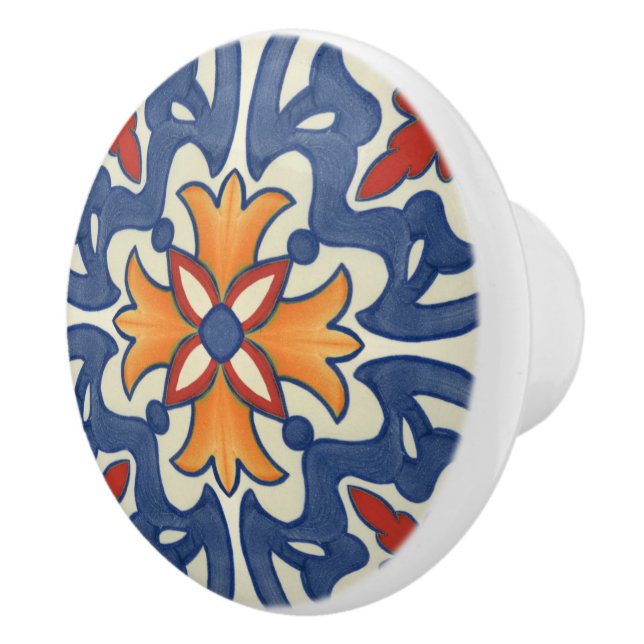Blue Teal Red Orange Portuguese Azulejos Pattern Ceramic Knob (Right)
