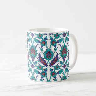Blue Teal Red White Oriental Floral Pattern Coffee Mug
