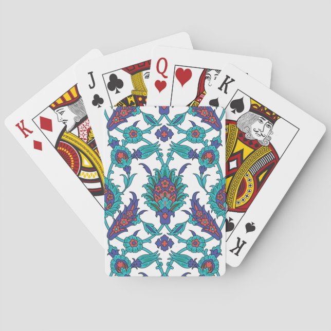 Blue Teal Red White Oriental Floral Pattern Playing Cards (Back)