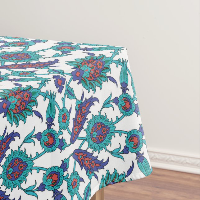 Blue Teal Red White Oriental Floral Pattern   Tablecloth (In Situ)