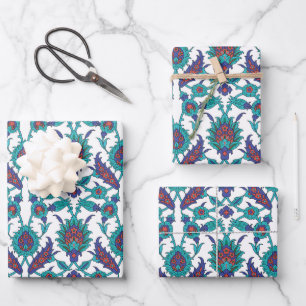 Blue Teal Red White Oriental Floral Pattern Wrapping Paper Sheet