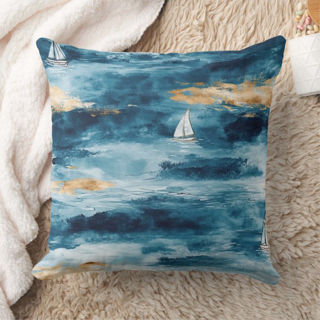 Blue Teal Sailboat Coastal Wave Pattern Cushion (Blanket)