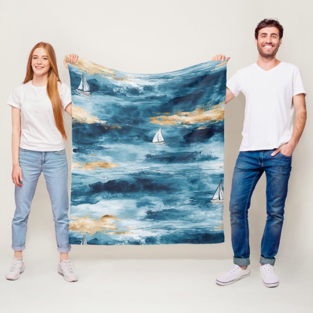 Blue Teal Sailboat Coastal Wave Pattern Fleece Blanket (In Situ)