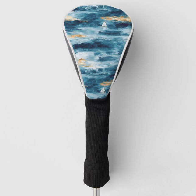 Blue Teal Sailboat Coastal Wave Pattern Golf Head Cover (Front)