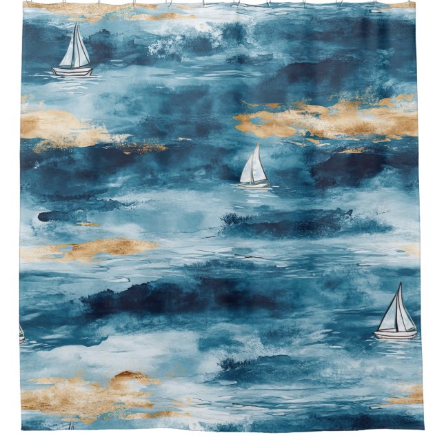 Blue Teal Sailboat Coastal Wave Pattern Shower Curtain (Front)