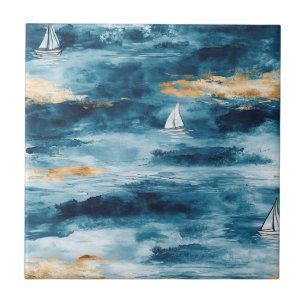 Blue Teal Sailboat Coastal Wave Pattern Tile