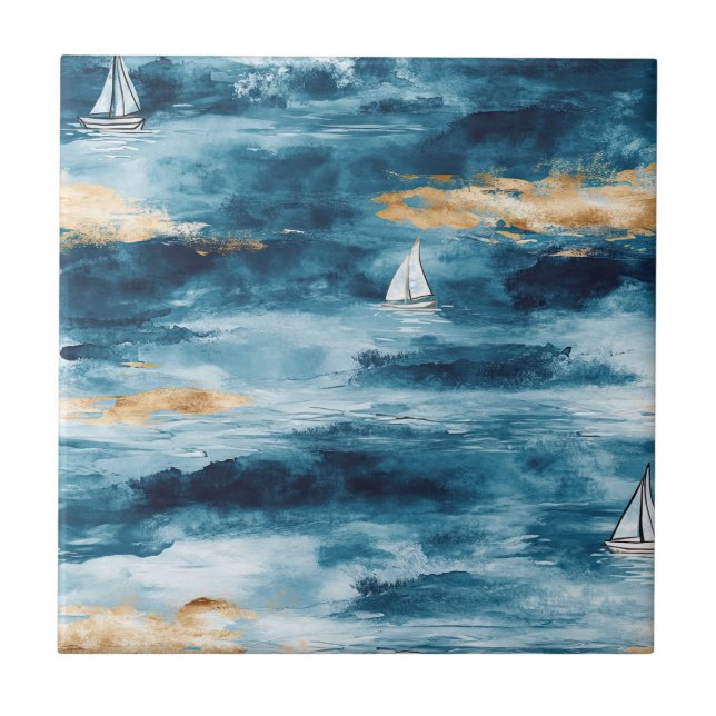 Blue Teal Sailboat Coastal Wave Pattern Tile (Front)