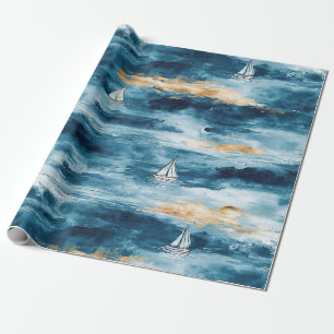 Blue Teal Sailboat Coastal Wave Pattern Wrapping Paper