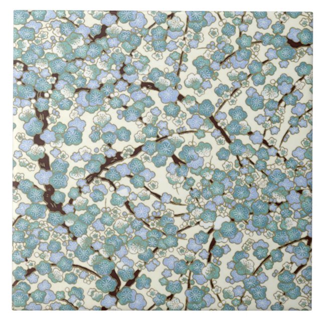 Blue Teal Sakura Fine Vintage Japanese Floral Tile (Front)