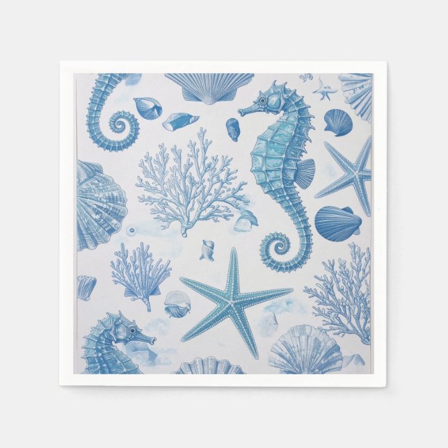 Blue Teal Seahorse Shell Starfish Ocean Pattern Napkin (Front)