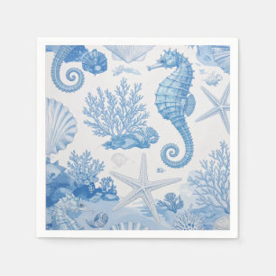 Blue Teal Seahorse Shell Starfish Ocean Pattern Napkin