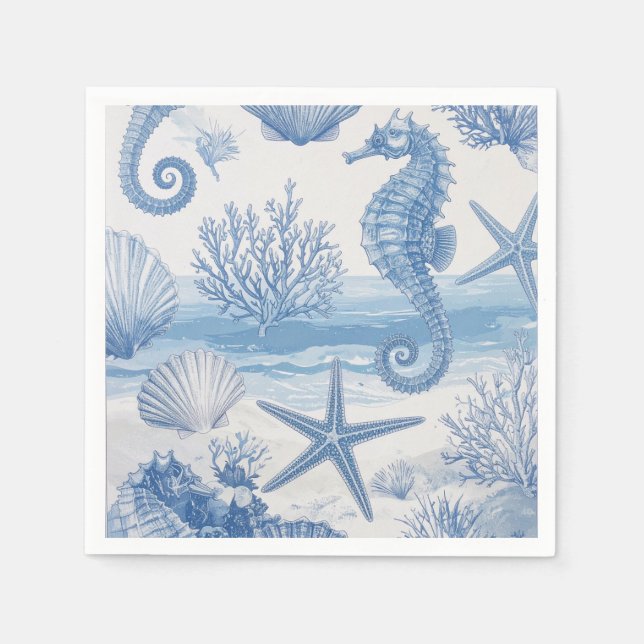 Blue Teal Seahorse Shell Starfish Ocean Pattern Napkin (Front)