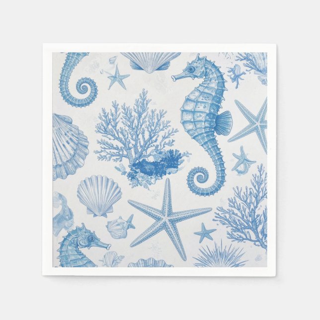 Blue Teal Seahorse Shell Starfish Ocean Pattern Napkin (Front)