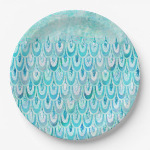 Blue Teal Shiny Mermaid Scales Fish Scales Paper Plate