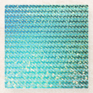 Blue Teal Sparkle Ocean Mermaid Waves Pattern Glass Coaster