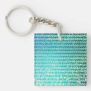 Blue Teal Sparkle Ocean Mermaid Waves Pattern Key Ring