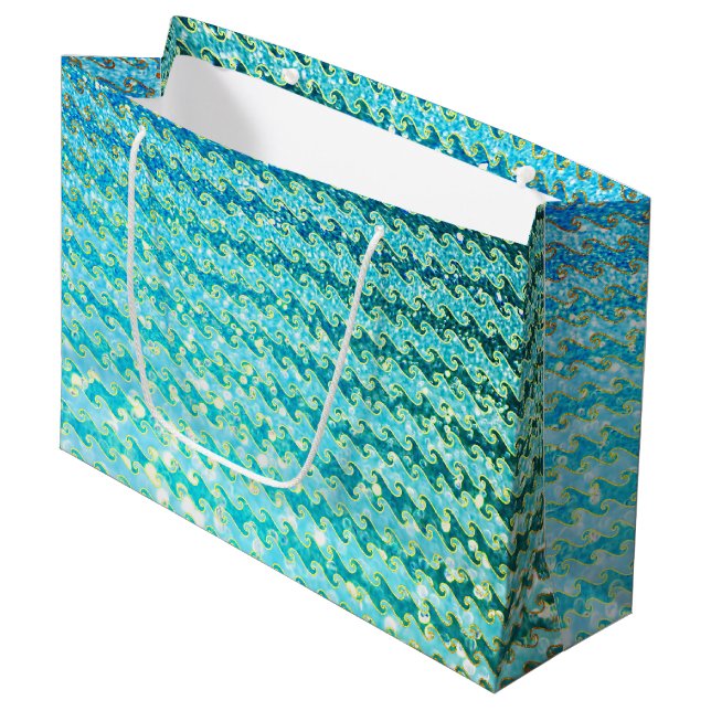 Blue Teal Sparkle Ocean Mermaid Waves Pattern Large Gift Bag (Front Angled)