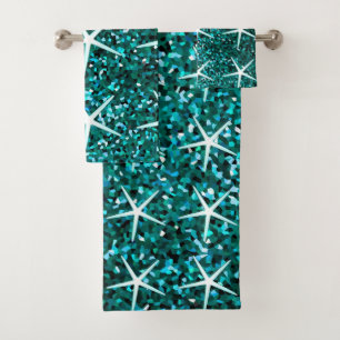 Blue Teal Sparkle Ombre Glittery Starfish Patterns Bath Towel Set