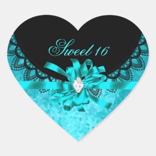 Blue Teal Sweet Sixteen Sweet 16 Black Lace Heart Sticker