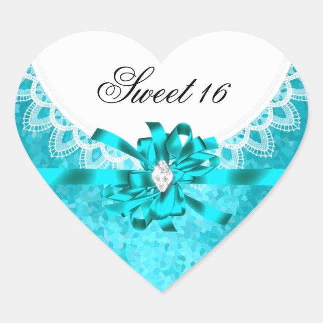 Blue Teal Sweet Sixteen Sweet 16 White Lace Heart Sticker (Front)