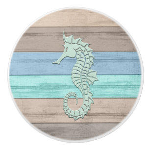 Blue, Teal, & Tan Beach Wood - Nautical Seahorse Ceramic Knob