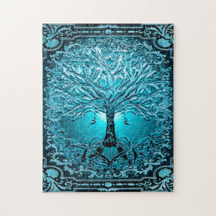 Blue Teal Tree of Life Ancient Rustic Inner Light Jigsaw Puzzle