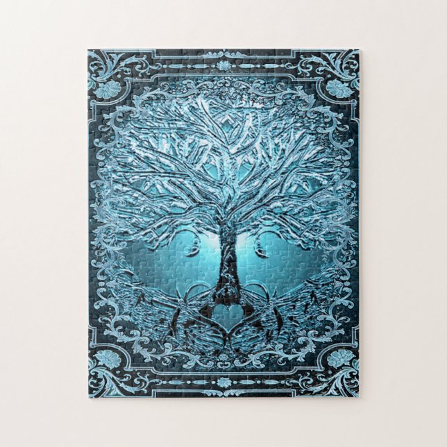 Blue Teal Tree of Life Ancient Rustic Inner Light  Jigsaw Puzzle (Vertical)