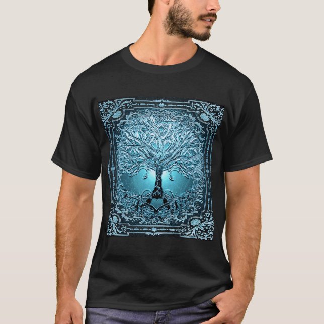 Blue Teal Tree of Life Ancient Rustic Inner Light  T-Shirt (Front)