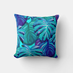 Blue Teal Tropical Leaves Cushion