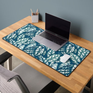 Blue Teal Tropical Leaves Desk Mat