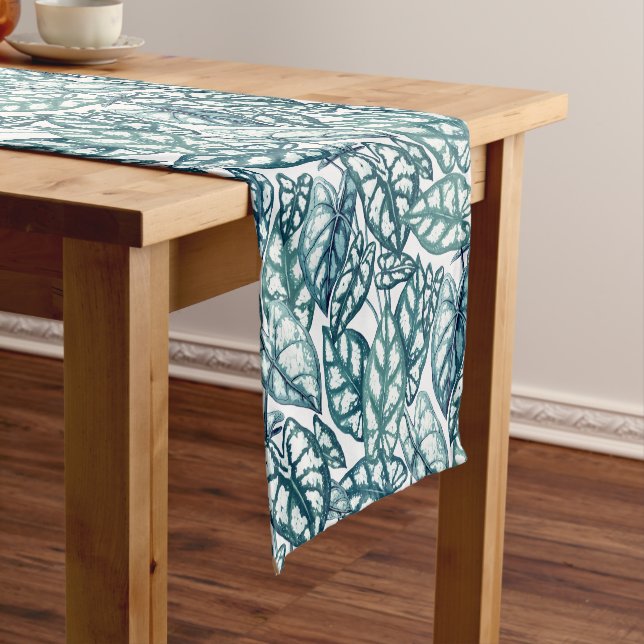Blue Teal Tropical Leaves Short Table Runner (In Situ)